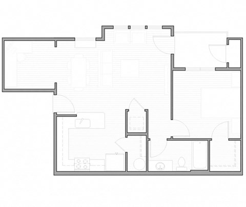 Floor plan for 1 bed, 1 bath, 708 sqft